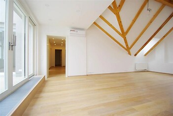 prázdná místnost s přirozené světlo, dřevěná podlaha, a klenutý strop