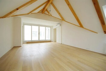 prázdná místnost s přirozené světlo, dřevěná podlaha, nástěnná klimatizace, klenutý strop, a trámový strop