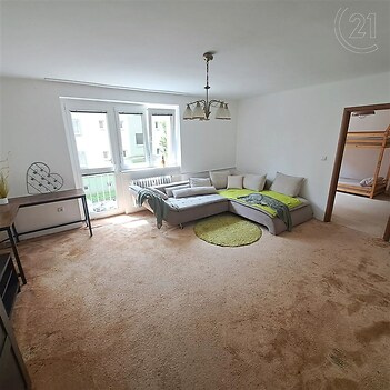 obývací pokoj s přirozené světlo, pozoruhodný lustr, radiátor, a koberec