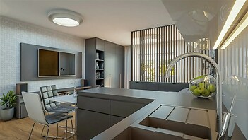 kuchyně s přirozené světlo, deformace, dřevěná podlaha, a ploché panelové skříňky