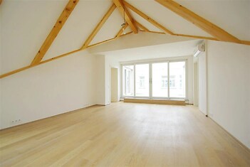 prázdná místnost s přirozené světlo, dřevěná podlaha, trámový strop, a klenutý strop